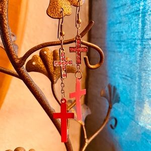 Pink Cross Dangle Earrings